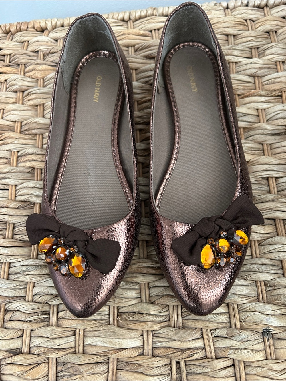Old Navy Metallic Brown Pointed-Toe Ballet Flats with Amber Jewels